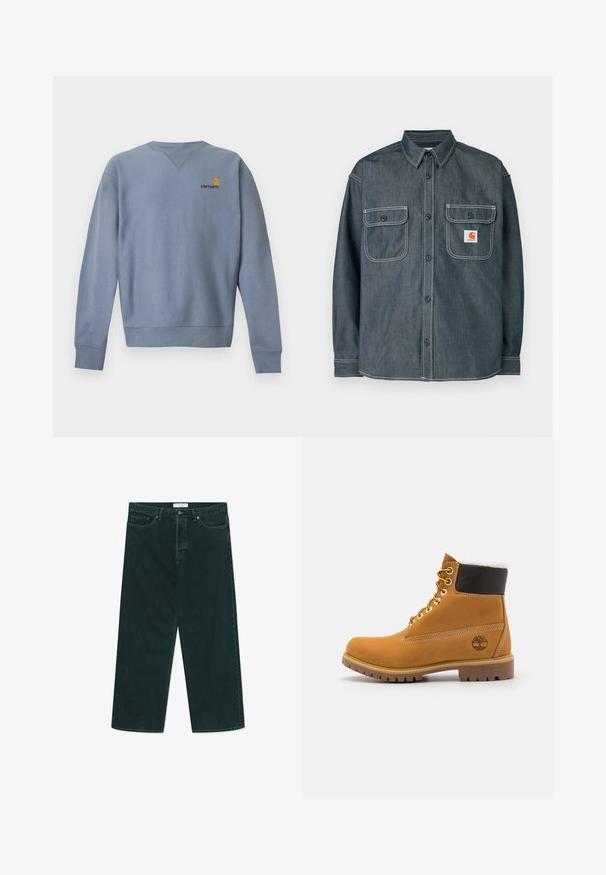 Svetlomodrá mikina s dlhým rukávom a okrúhlym výstrihom, s rebrovanými manžetami a spodným lemom, s malým žlto-červeným logom Carhartt na ľavej strane hrudníka.; Tmavosivá rifľová košeľa na gombíky s dvoma vreckami na prsiach zapínateľnými na gombíky, bielym kontrastným prešitím a malou oranžovou logo značkou na pravom vrecku.; Tmavo zelené široké denimové nohavice s gombíkom a zipsom, prednými vreckami a pútkom na opasok, položené na bielom pozadí.; Hnedé kožené ankle boot s kovovými očkami, bielym kožúškom vo vnútri, čiernym vypolstrovaným golierom, robustnou podrážkou a vyrazeným logom na boku.