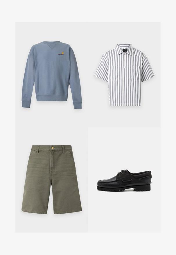 Sweat-shirt bleu clair à manches longues avec col rond, poignets et bas côtelés, avec petit logo Carhartt jaune et rouge sur la poitrine gauche.; Chemise blanche à manches courtes avec des rayures grises verticales, une fermeture éclair à l'avant, deux poches poitrine, et un col plié, présentée sur fond blanc.; Shorts mi-longueur couleur vert olive avec poches avant, passants pour ceinture et fermeture par un bouton doré sur un fond clair uni.; Chaussure noire avec un dessus en cuir, des accents textiles, des lacets ronds et une semelle en caoutchouc texturé. Présente des coutures mocassins et des détails de marque.