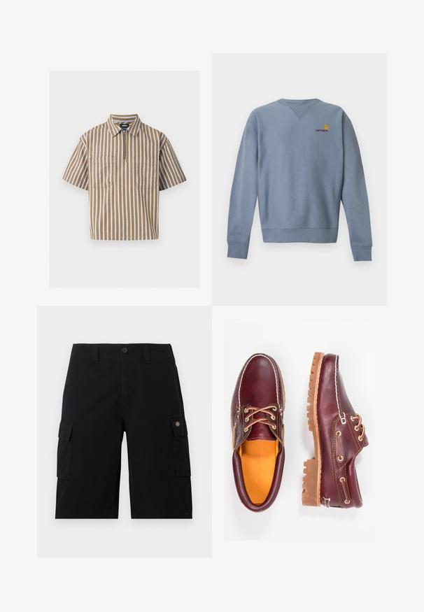 Sweat-shirt bleu clair à manches longues avec col rond, poignets et bas côtelés, avec petit logo Carhartt jaune et rouge sur la poitrine gauche.; Chemise marron à manches courtes avec des rayures verticales blanches, un col, deux poches avant et une fermeture éclair partielle à l'avant.; Shorts cargo noirs mi-genoux avec fermeture à boutons, passants pour ceinture, et poches à rabat de chaque côté, dont une poche avec un petit écusson logo.; Chaussures en cuir bourgogne avec semelles en caoutchouc marron, bout rond, couture blanche et œillets dorés. L'intérieur présente une doublure jaune.