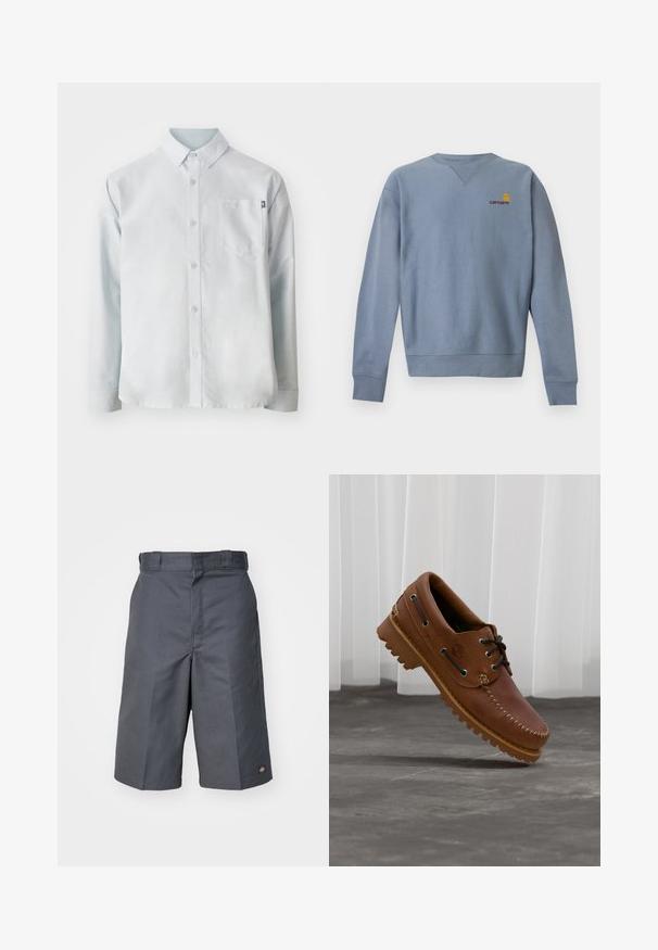 Hele sinine pika varrukaga ümara kaelusega dressipluus soonikutega mansettide ja äärega, millel on vasakul rinnal väike kollase ja punase Carhartti logo.; New Balance OXFORD - Pluus - blue; Hallid lühikesed püksid, valmistatud vastupidavast kangast, sirge lõikega, kahte küljetaskut ja väike logo tagataskul.; Pruun nahast paadisuss mustade paelte, beežide õmbluste ja robustse taldaga, hõljuvalt halli betoonpõranda kohal.