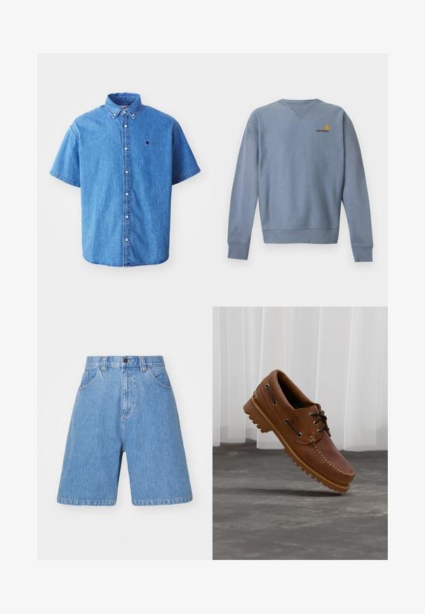 Sweat-shirt bleu clair à manches longues avec col rond, poignets et bas côtelés, avec petit logo Carhartt jaune et rouge sur la poitrine gauche.; Chemise en denim à manches courtes de couleur bleu clair avec un col boutonné, comportant un logo sur la poitrine et des détails de couture visibles.; Shorts en denim bleu clair avec une coupe décontractée, taille haute, design à cinq poches et décoloration subtile. Comprend une fermeture à bouton et des passants de ceinture.; Chaussure de bateau en cuir marron avec des lacets noirs, des coutures beiges et une semelle robuste, suspendue au-dessus d'un sol en béton gris.