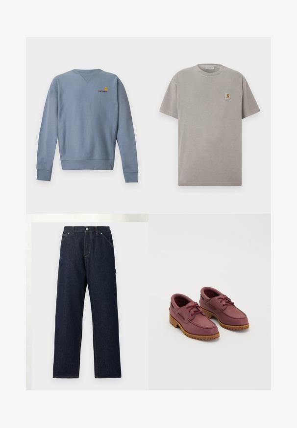 Svetlomodrá mikina s dlhým rukávom a okrúhlym výstrihom, s rebrovanými manžetami a spodným lemom, s malým žlto-červeným logom Carhartt na ľavej strane hrudníka.; Sivá bavlnená tričko s krátkymi rukávmi, okrúhlym výstrihom a malou štvorcovou logovou nášivkou na ľavej strane hrudníka. Hladká textúra a voľný strih.; Tmavomodré riflové nohavice s priamym strihom, prednými vreckami, priechodkami na opasok a zapínaním na gombík v páse na jednoduchom pozadí.; Pár tmavočervených kožených námorníckych topánok s hustými svetlohnedými gumovými podrážkami a červenými šnúrkami na bielom pozadí.
