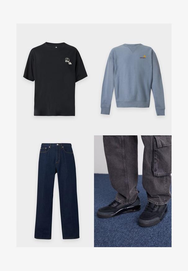Sweat-shirt bleu clair à manches longues avec col rond, poignets et bas côtelés, avec petit logo Carhartt jaune et rouge sur la poitrine gauche.; T-shirt en coton noir avec une coupe décontractée, manches courtes, et un petit logo graphique contrastant sur le côté gauche de la poitrine. Col rond classique.; Jean en denim bleu foncé à coupe droite, avec bouton sur le devant, fermeture éclair et style cinq poches sur un fond uni.; Des chaussures de sport noires avec une surface texturée, des accents lisses et une semelle épaisse, accompagnées de pantalons cargo larges et foncés.