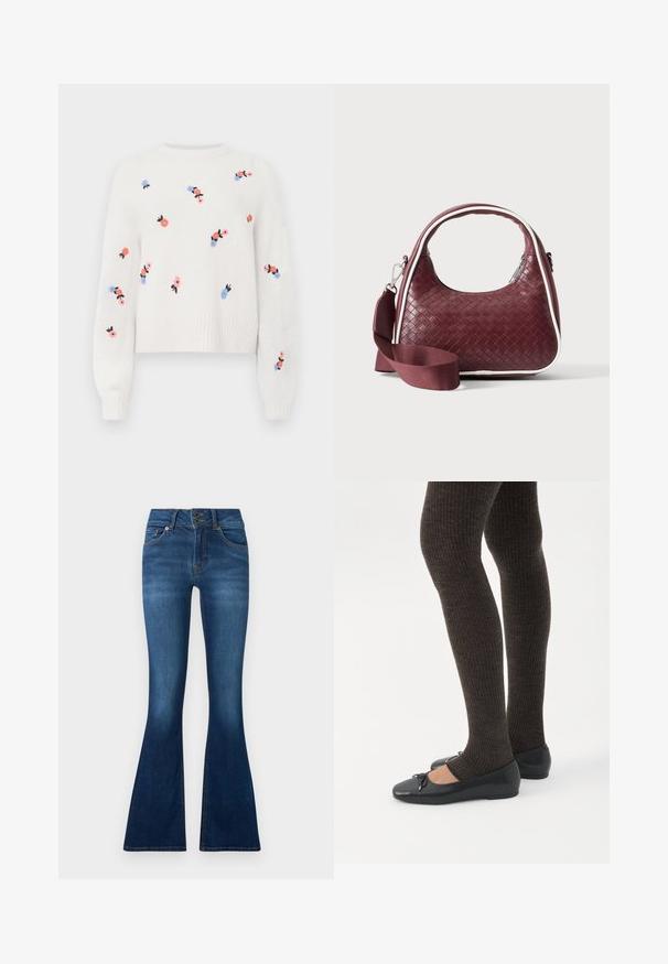Hvid strikket sweater med broderede blomsterdesigns i pink, blå og sort. Har en rund hals og ribstrikkede manchetter.; (Udvidede) jeans lavet af mørkeblå denim. Har to-knaps lukning, fem lommer og falmede detaljer på benene. Standard talje design.; Ben iført mørke ribbede leggings kombineret med sorte balletsko med små sløjfedetaljer på hvid baggrund.; Mørkerød vævet lædertaske med buet hank, hvid kant, sølv lynlås og aftagelig bred stofskulderrem mod en ensfarvet baggrund.