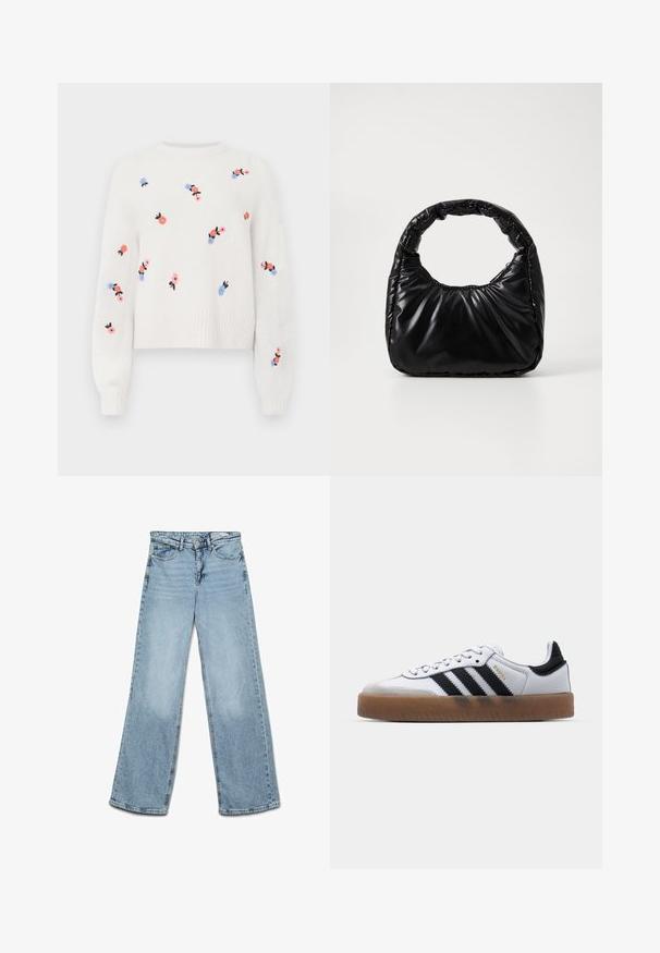 Suéter blanco de punto con patrones florales bordados en rosa, azul y negro. Presenta un cuello redondo y puños acanalados.; Vaqueros de tiro alto y pierna ancha en color azul claro, con cierre de botón y cremallera, bolsillos delanteros y traseros, y trabillas para cinturón.; Zapatillas de cuero blancas con rayas negras, suela de goma, puntera redonda, cierre de cordones y caperuza de ante gris suave.; Bolso negro acolchado con un asa redondeada, que presenta una superficie lisa y brillante y una textura suave y acolchada. Sin herrajes ni acentos visibles.
