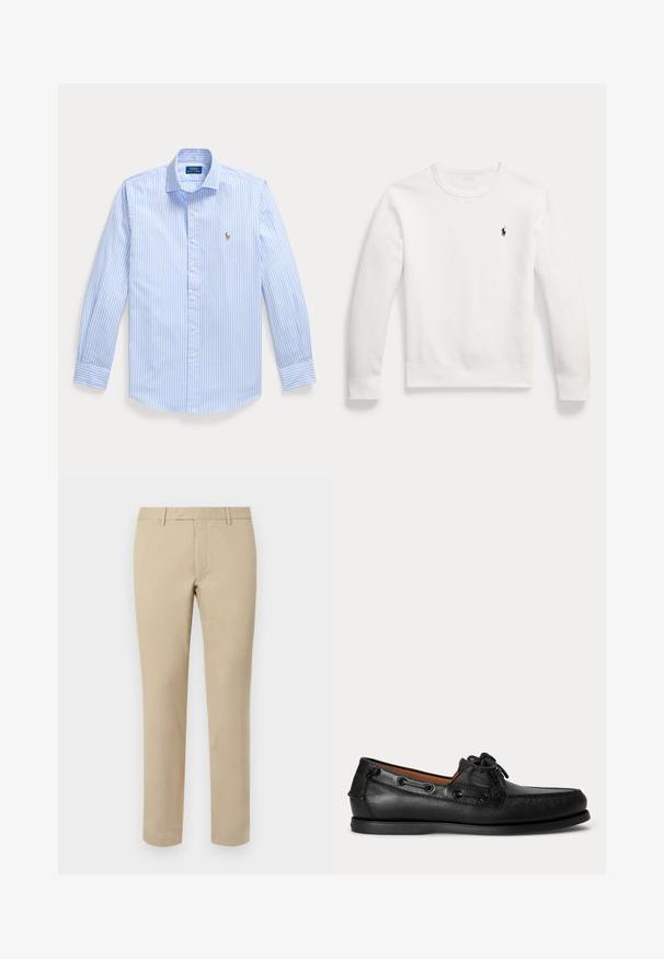 White long-sleeve crewneck sweatshirt with a small black embroidered Polo Ralph Lauren logo on the left chest.; Light blue long-sleeve button-up shirt with white vertical stripes and a small embroidered logo on the left chest.; Beige cotton trousers with a straight cut, featuring belt loops, a flat front, and tailored hems. Smooth texture and minimal detailing.; Black leather moccasin with lace-up detail and low rubber sole, shown from side on plain light background.