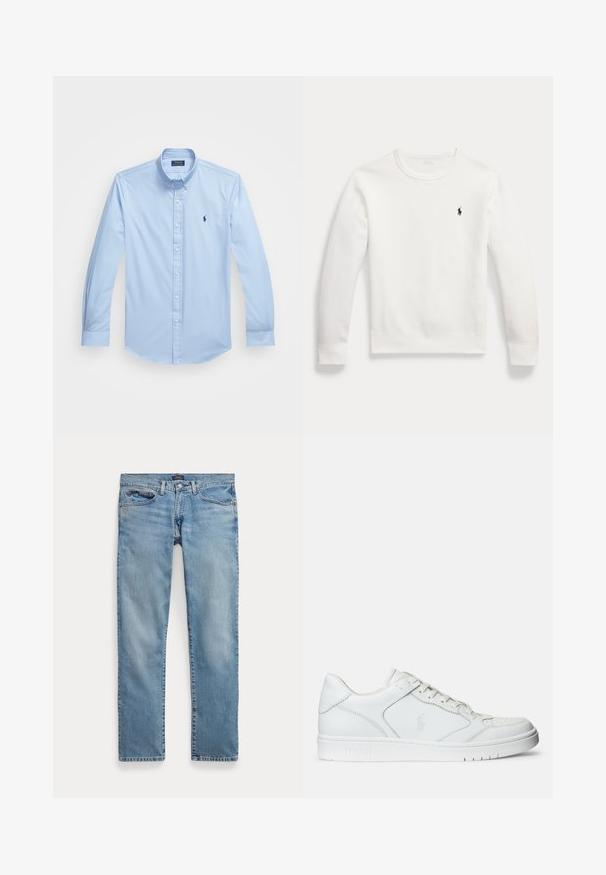 Weißes Langarm-Sweatshirt mit Rundhalsausschnitt und einem kleinen schwarzen gestickten Polo Ralph Lauren-Logo auf der linken Brustseite.; Hellblaues Baumwollhemd mit langen Ärmeln, spitzem Kragen und gesticktem Logo auf der linken Brust. Flaches Vorderdesign.; Hellblaue Jeans mit geradem Bein, Vordertaschen und Knopfverschluss, flach auf weißem Hintergrund ausgebreitet.; Weißer Ledersneaker mit glatter Textur, ausgestattet mit einer perforierten Zehenpartie, Schnürverschluss und gesticktem Logo an der Seite. Weiße Gummisohle.