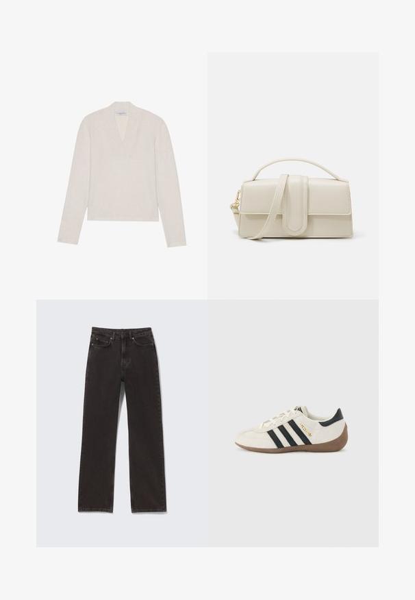 Pull léger beige clair à manches longues avec un col en V, fabriqué en maille douce. Design simple avec une coupe légèrement raccourcie et sans motifs visibles.; Jean droit noir en denim avec poches avant et arrière, fermeture par bouton et fermeture éclair, présenté à plat sur un fond clair.; Baskets blanches Adidas avec des rayures noires, une semelle texturée marron, et le lettrage doré "SPEZIAL" sur le côté, vues du côté extérieur.; Sac à main en cuir couleur crème, de forme rectangulaire, avec une poignée plate et une bandoulière détachable ; présente un rabat à l'avant avec une fermeture magnétique.