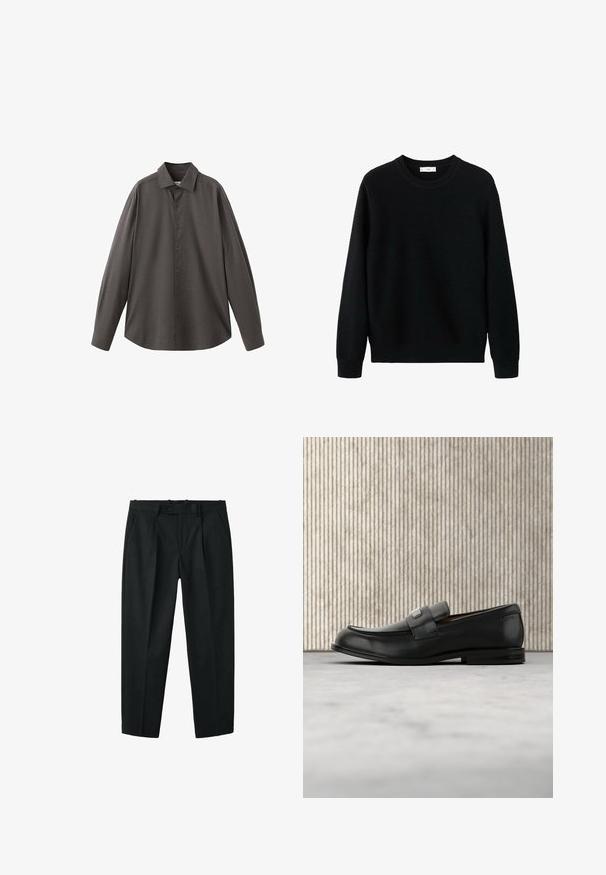 Pull noir en maille avec un col rond, des poignets et un ourlet côtelés. La texture présente un motif subtil, offrant une apparence confortable.; Chemise à manches longues gris foncé avec un devant à boutons, un col classique et un tissu texturé. Présente une coupe décontractée et un motif subtil.; Pantalons noirs ajustés avec une fermeture à bouton et à glissière, des poches latérales, des passants de ceinture et des plis à l'avant.; Mocassin en cuir noir avec une plaque de marque en métal reposant près d'une table ronde marron sur un sol recouvert de moquette beige.