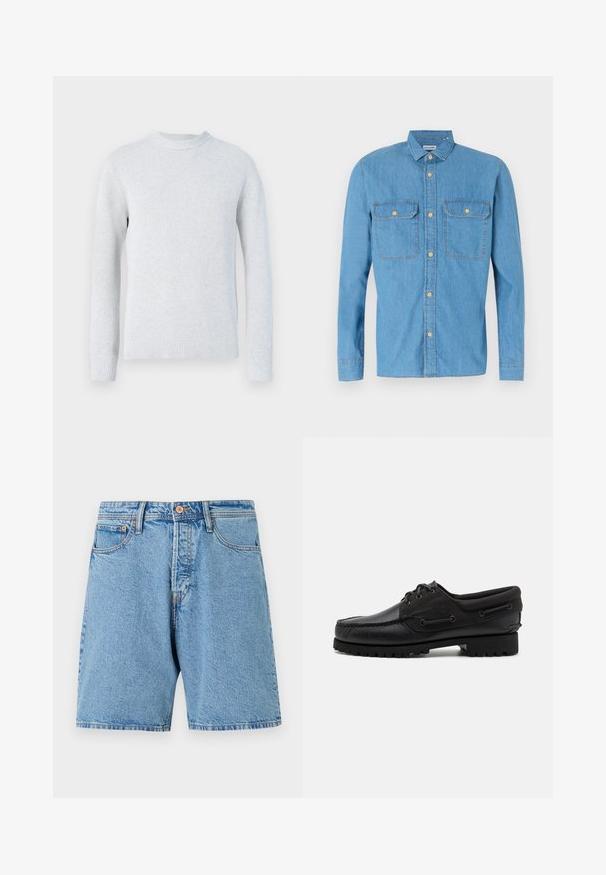 Lichtgrijze gebreide trui met lange mouwen, ronde hals en geribde boorden en zoom, afgebeeld op een witte achtergrond.; Lichtblauw denim overhemd met lange mouwen, knoopsluiting aan de voorkant, twee borstzakken, puntige kraag en gouden knopen. Gladde textuur, casual ontwerp.; Lichtblauwe denim short met een klassieke pasvorm, vijf zakken en contrasterende stiksels. Heeft een knoopsluiting en een gefranjerde zoom.; Zwarte schoen met een leren bovenzijde, textiele accenten, ronde veters en een getextureerde rubberen zool. Voorzien van mocassin-stiksel en merkdetails.