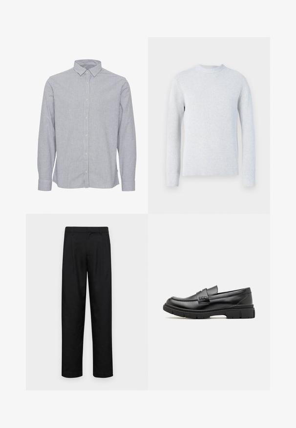 Pull en maille gris clair à manches longues avec col rond et poignets et bas en bord-côte, présenté sur fond blanc.; Chemise à rayures bleu et blanc. Dotée d'un col, de manches longues et d'un ourlet droit. Fabriquée en tissu léger avec une texture lisse.; Pantalons noirs en tissu lisse, avec une coupe droite, deux plis avant et une taille standard avec passants de ceinture.; Mocassin en cuir noir avec une large sangle sur le devant, semelle en caoutchouc à épaisse rainure, et texture lisse. Design classique et élégant.
