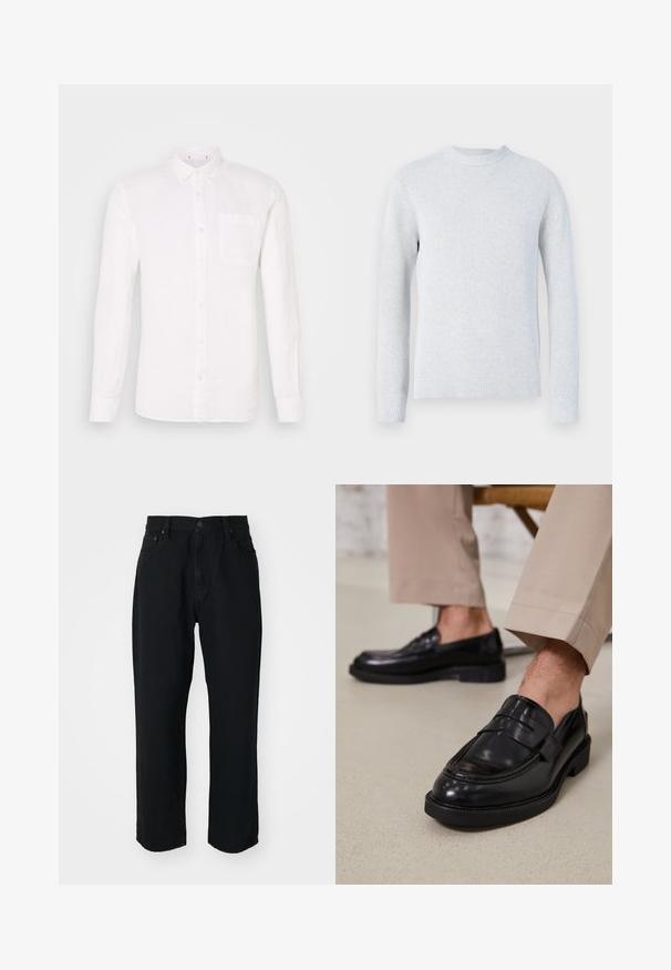 Jersey de punto gris claro de manga larga con cuello redondo y puños y bajo de canalé, mostrado sobre un fondo blanco.; Camisa de lino blanca de manga larga con cuello abotonado, un solo bolsillo en el pecho y corte recto. Textura suave, diseño minimalista.; Vaqueros de mezclilla negro con un corte recto, textura ligera, diseño de cinco bolsillos y cierre de botón en la cintura.; Mocasines de cuero negro con un acabado suave, que cuentan con una correa decorativa y costuras en contraste, combinados con pantalones beiges.