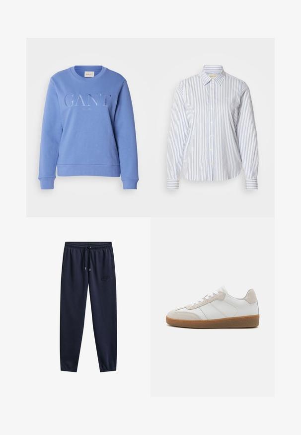 Sudadera azul de algodón con cuello redondo, mangas largas y puños acanalados. Presenta bordados con las marcas "GANT" y "NEW HAVEN".; Camisa de rayas azules y blancas con botones, cuello clásico, mangas largas y dobladillo recto. La tela tiene una textura suave.; Pantalones deportivos azul marino con cintura elástica, cordón, bolsillos laterales, piernas estrechas y un sutil logo bordado en el muslo derecho.; Deportivas de cuero blanco con acentos de ante beige, lengua texturizada y suela de goma. Presenta cordones blancos y detalles sutiles de costura.