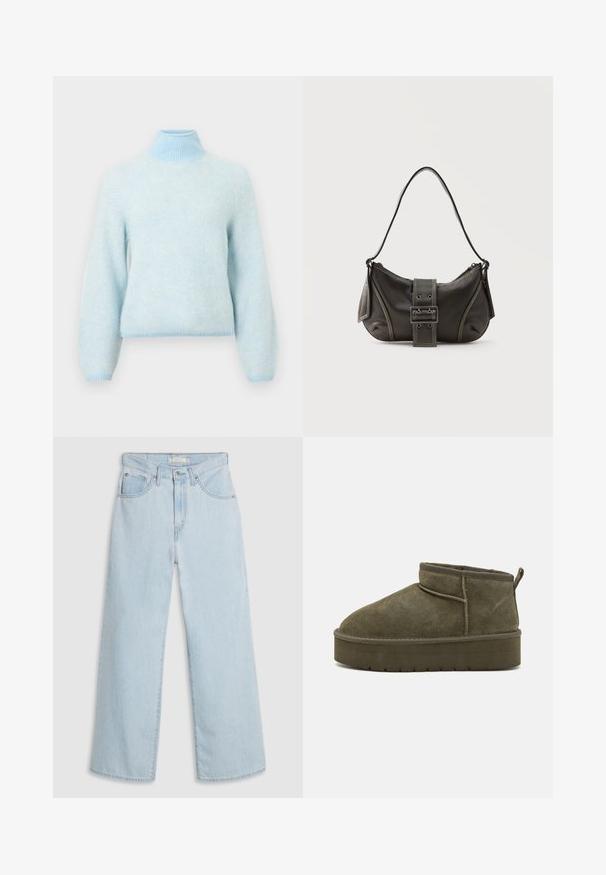Lys blå strikket sweater med høj ribbet krave, lange ærmer og et herringbone-mønster. Blød tekstur og tætsiddende kant.; Lyseblå, vide jeans med høj talje, der har knap- og lynlås lukning, dobbelte forlommer foran og diskrete syningsdetaljer.; Olivengrøn ruskind ankelstøvler med rund tå, syninger og en tykkere sål med struktureret mønster. Lille trækflap bagpå.; Sort læder skuldertaske med spænde på remmen, afrundede kanter og kontrasterende hvide syninger på en ensfarvet baggrund.