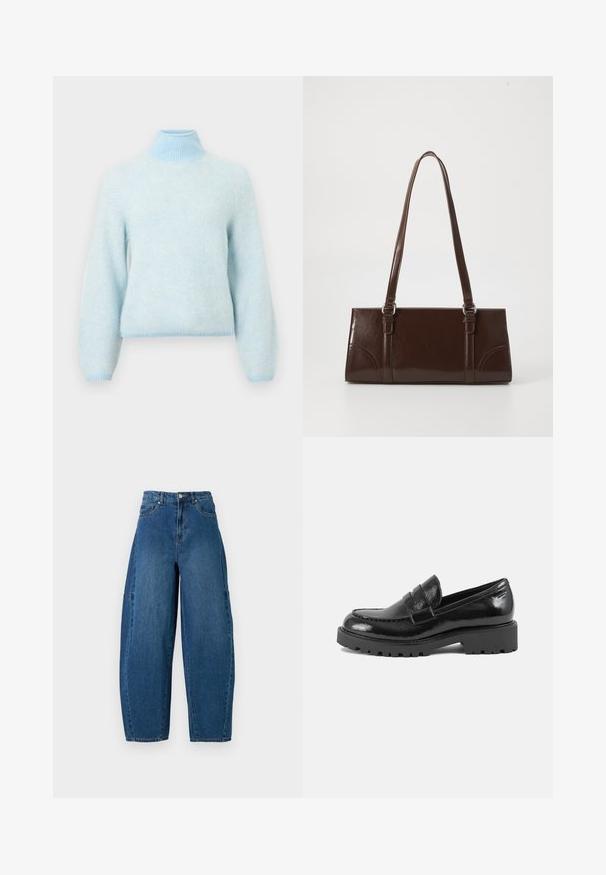 Lichtblauwe gebreide trui met hoge ribbelkragen, lange mouwen en een visgraatpatroon. Zachte textuur en aansluitende zoom.; Denim spijkerbroek in een medium blauwe wassingen, met een hoge taille, wijde broekspijpen en een standaard vijf-pocket ontwerp met zichtbare stikseldetails.; Zwarte laarsjes van patentaal leer met een gestructureerde neus, een decoratieve band over de wreef en een dikke, robuuste zool. Gladde, glanzende afwerking.; Bruine lakleren handtas met een rechthoekige vorm, twee lange handvatten en subtiele gebogen accenten aan de voorkant.