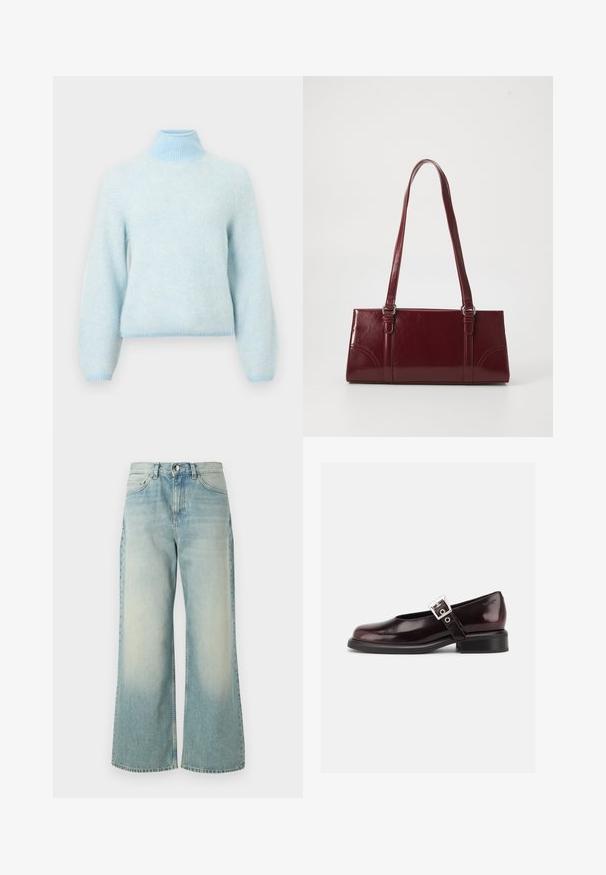 Pull en tricot bleu clair avec un col côtelé haut, des manches longues et un motif chevron. Texture douce et ourlet ajusté.; Jeans en denim bleu clair à jambes larges, présentant un délavage, un design classique à cinq poches et une fermeture à bouton à l'avant.; Chaussure Mary Jane unique brillante couleur bordeaux foncé avec une large bride et une boucle argentée, talon bloc bas et bout arrondi sur fond blanc.; Sac à main bordeaux en matériau brillant, de forme rectangulaire, avec deux anses et des accents légèrement courbés à l'avant.