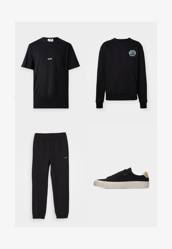 Sweatshirt noir avec un col rond, des manches longues et un logo brodé texturé en vert et blanc sur la poitrine. Tissu doux.; T-shirt en coton noir avec un col rond et des manches courtes. Le devant affiche le logo blanc "MSGM" centré. Texture lisse, coupe standard.; Pantalons de jogging noirs avec une taille élastique et un cordon de serrage, dotés de poches sur les côtés et de poignets aux chevilles. Marquage blanc discret sur la jambe.; Baskets basses noires avec languette beige au talon, semelle en caoutchouc blanche épaisse, lacets noirs et petite étiquette "PS Paul Smith" sur le côté.