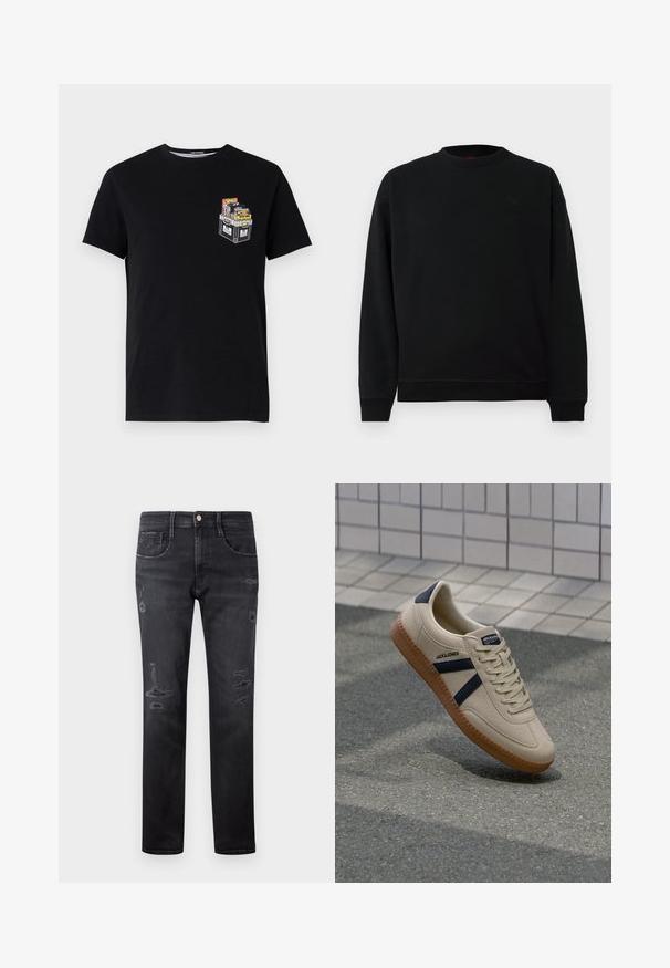 Schwarzes Sweatshirt aus weichem Stoff, mit rundem Halsausschnitt, Rippbündchen und einem kleinen Emblem auf der Brust. Einfaches, unauffälliges Design.; Schwarzes Baumwoll-T-Shirt mit kurzen Ärmeln, das auf der linken Brustseite ein kleines grafisches Motiv einer Kiste mit bunten Gegenständen zeigt.; Schwarze Denim-Jeans mit geradem Schnitt, die mit abgeriebenen Patches, fünf Taschen, einem kleinen Metallknopf und Gürtelschlaufen an der Taille ausgestattet sind.; Beige Sneaker mit strukturierter Oberfläche, dunkelblauen Streifen und Gummisohle. Verfügt über eine gepolsterte Zunge und ein traditionelles Schnürsystem für einen sicheren Sitz.