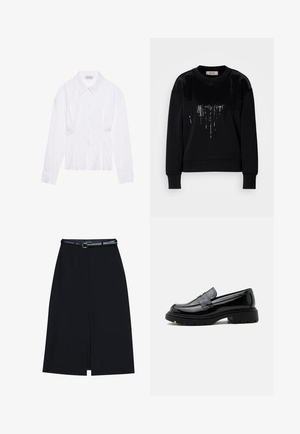 Sweatshirt noir à manches longues avec des détails en sequins sur le devant. Matériau doux avec un col rond et des poignets côtelés.; Blouse blanche à manches longues avec un col classique, fermeture à boutons sur le devant et détail froncé sur le côté. Tissu lisse avec une coupe ajustée.; Jupe noire à mi-cuisse avec une fente frontale, fabriquée en tissu lisse. Comprend une fine ceinture noire avec une boucle en argent et des passants.; Mocassin en cuir noir brillant avec semelle épaisse à crampons et bride penny, présenté en profil latéral sur fond blanc uni.