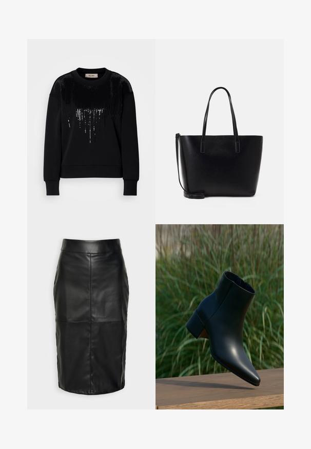 Sudadera negra con mangas largas y detalles de lentejuelas en el frente. Material suave con cuello redondo y puños acanalados.; Falda de cuero negra con una textura suave, que presenta una cinturilla alta y costuras cosidas que crean una forma estructurada y discreta.; Botín negro de cuero con tacón bloque, punta puntiaguda, exhibido sobre superficie de madera con fondo borroso de césped verde.; Bolso tote de cuero negro con dos asas largas, forma estructurada, textura suave y correa de hombro desmontable. Detalle de marca sutil.