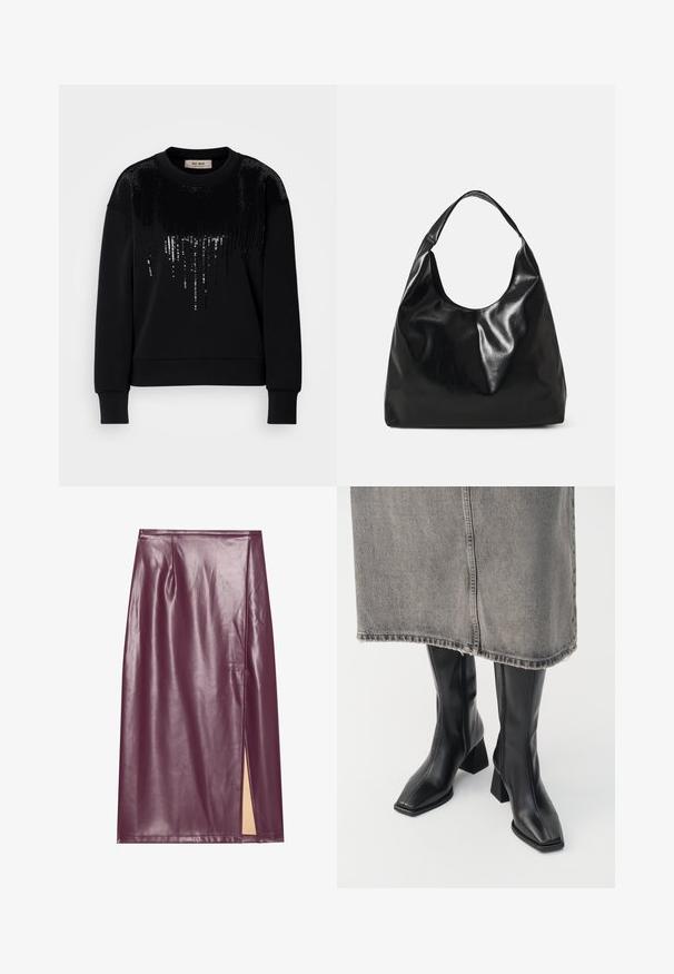 Sweatshirt noir à manches longues avec des détails en sequins sur le devant. Matériau doux avec un col rond et des poignets côtelés.; Jupe crayon en simili cuir bourgogne avec une fente sur le côté, texture lisse et détails de couture, présentant une silhouette ajustée et une coupe à la longueur des genoux.; Bottes noires montantes en cuir lisse avec un bout carré et un talon bloc. Portées avec une jupe en denim grise à l'ourlet effiloché.; Sac hobo en cuir noir avec une texture douce et brillante et un haut ouvert arrondi. Dispose d'une large sangle courbée pour le transport. Pas de matériel visible.
