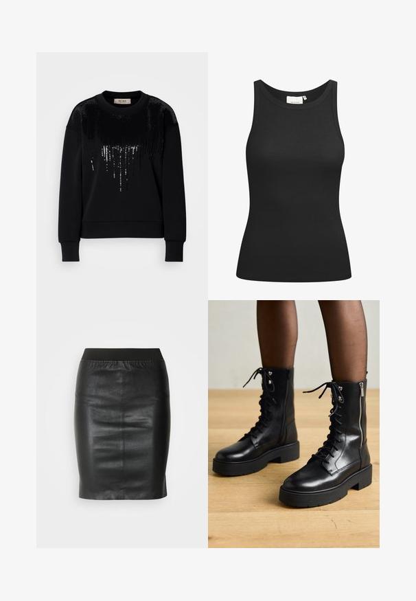 Zwarte sweatshirt met lange mouwen en pailletten detail aan de voorkant. Zacht materiaal met een ronde hals en geribbelde manchetten.; Zwarte tanktop van ribstof, met een ronde hals en een aansluitende pasvorm. Platte naden en zonder versieringen. Eenvoudig en strak ontwerp.; Zwarte kokerrok van soepel leer, met een elastische tailleband voor een aansluitende pasvorm en een minimalistisch ontwerp.; Zwarte leren veterschoenen met chunky zolen, zijrits en metalen oogjes. Gladde afwerking met variërende textuur op de schacht.