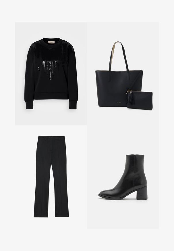 Sweatshirt noir à manches longues avec des détails en sequins sur le devant. Matériau doux avec un col rond et des poignets côtelés.; Pantalon noir à coupe droite, en tissu lisse et sans motifs visibles. Conçu avec des poches avant classiques et un zip.; Bottine en cuir noir avec un bout arrondi, un talon bloc de hauteur moyenne et une finition lisse. Dotée d'une fermeture éclair discrète sur le côté.; Sac fourre-tout noir avec un matériau texturé, deux longues anses et une pochette zippée amovible avec un détail de pompon. Logo de la marque en orvisible.