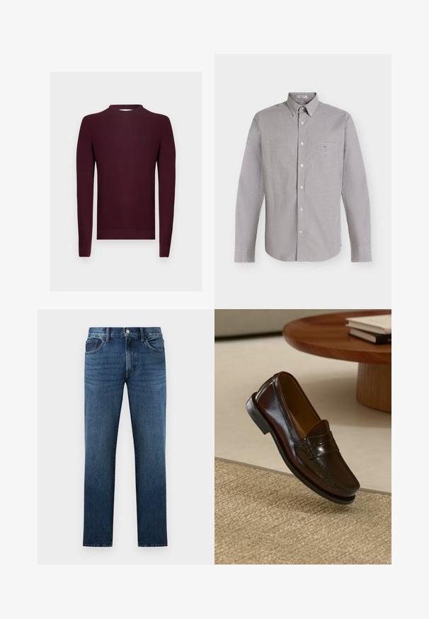 Pull en tricot bordeaux à manches longues, texture côtelée, et encolure ronde. Petit logo sur la poitrine gauche.; Chemise à manches longues boutonnée avec petit motif à carreaux noir et blanc et une poche poitrine sur fond clair.; Jean en denim bleu foncé à coupe droite avec fermeture à bouton et fermeture éclair à l'avant, poches avant et arrière, présenté sur fond blanc.; Mocassins en cuir marron au fini brillant, avec un détail cousu sur le devant et une semelle en caoutchouc noir à profil bas.