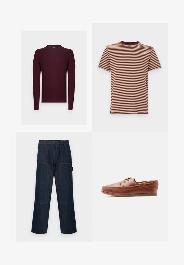 Pull en tricot bordeaux à manches longues, texture côtelée, et encolure ronde. Petit logo sur la poitrine gauche.; T-shirt en coton à manches courtes avec un motif de fines rayures horizontales en marron et beige, doté d'un col rond marron.; Pantalon de travail en denim bleu foncé avec jambes droites, genoux renforcés, poches latérales, passants de ceinture et fermeture avant par boutons.; Chaussure bateau en cuir marron avec laçage à l'avant, surpiqûres décoratives sur les côtés et semelle plate basse sur fond blanc uni.