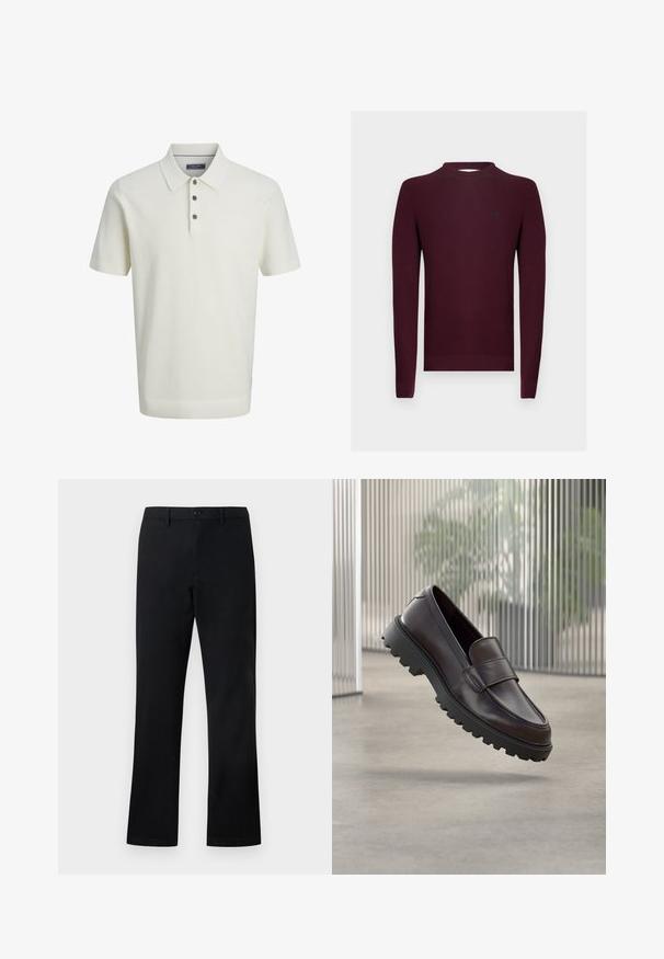 Pull en tricot bordeaux à manches longues, texture côtelée, et encolure ronde. Petit logo sur la poitrine gauche.; Polo blanc à manches courtes texturé avec trois boutons sombres et un col classique, présenté sur un fond clair uni.; Pantalons noirs à jambes droites avec fermeture à bouton et à glissière, passants pour ceinture et poches latérales, présentés sur un fond blanc.; Chaussure à enfiler en cuir marron avec un bout rond et une semelle en caoutchouc noire robuste. Présente une bride décorative traversant le coup de pied.
