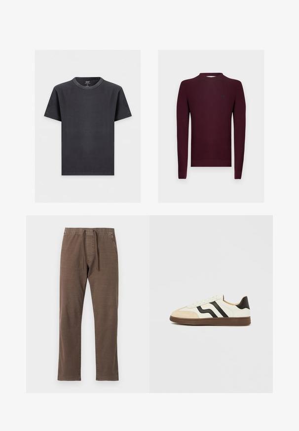 Pull en tricot bordeaux à manches longues, texture côtelée, et encolure ronde. Petit logo sur la poitrine gauche.; T-shirt noir uni à manches courtes, col rond, coupe décontractée, présenté sur un fond clair. Aucun logo ou motif visible.; Pantalon décontracté marron avec taille à cordon, poches latérales, jambes droites et coutures décoratives sur un fond clair uni.; Baskets en cuir blanc avec bandes noires et embout en daim beige. Semelle en caoutchouc brun foncé. Lacets et col rembourré complètent le design.