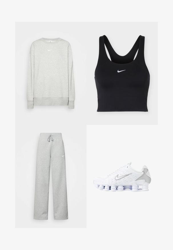 Svetlá šedá mikina s krátkym rukávom vyrobená z mäkkého textilu, s malým bielym logom Nike na hrudi a rebrovými manžetami a lemom.; Čierna športová podprsenka Nike so širokými ramienkami a bielym logom Nike Swoosh uprostred vpredu.; Šedé tepláky s elastickým pásom, detailom na šnúrku a malým bielym logom Nike na ľavom stehne. Mäkká tkanina, voľný strih.; Biele športové topánky s jemnou sieťovinou na hornej časti, striebornými detailmi a jedinečným dizajnom podpätka v tvare cievky. Majú polstrovaný golier a šnurovanie pre lepšie udržanie na nohe.