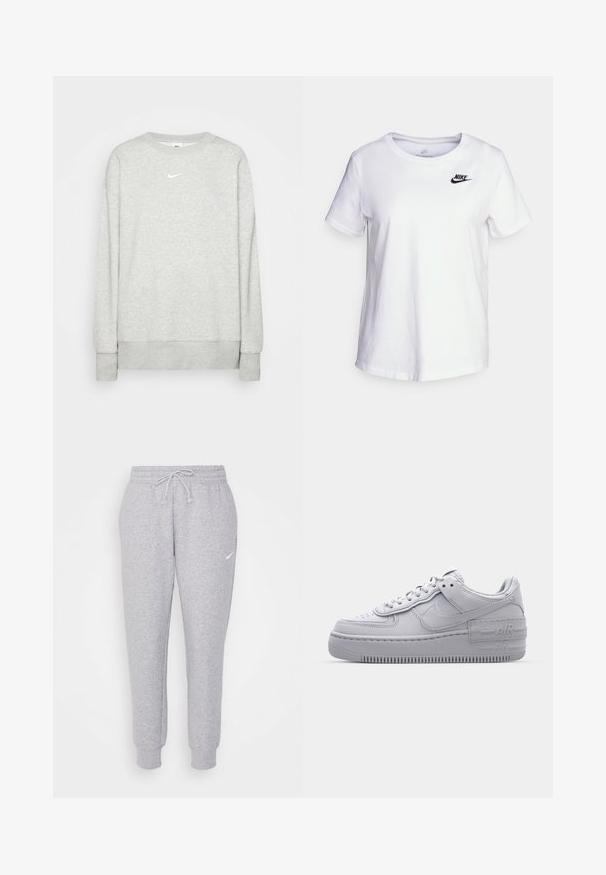 Gai pelēks džemperis ar apaļu kaklu, izgatavots no mīkstas auduma, ar nelielu baltu Nike logo uz krūškurvja un ribota roka un apakšmalas.; Balts kokvilnas T-krekls ar apaļu kakla izgriezumu un īsām piedurknēm. Uz kreisās krūšu daļas atrodas melns Nike logotips.; Gaiši pelēkas sporta bikses ar auklu jostasvietā, sašaurinātām kājām un mazu baltu logotipu kreisajā augšstilbā. Izgatavotas no mīksta, teksturēta auduma.; Pelēkie Nike Air Force 1 sneakers ar perforētu purngalu, gluda ādas virsma, bieza zole un iegravēts 'AIR' detalizējums uz papēža.
