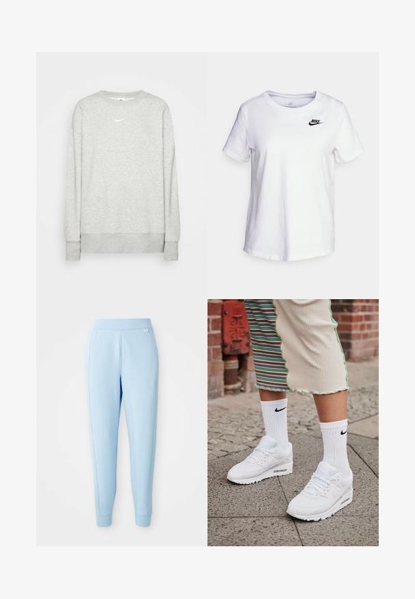 Svetlá šedá mikina s krátkym rukávom vyrobená z mäkkého textilu, s malým bielym logom Nike na hrudi a rebrovými manžetami a lemom.; Biela bavlnená tričko s kulatým výstrihom a krátkymi rukávmi. Má čierne logo Nike na hornej ľavej oblasti hrudníka.; Svetlomodré teplákové nohavice z jemného materiálu s hladkou textúrou, zúženými nohavicami a diskrétnym logom na boku.; Biele tenisky Nike Air Max 90 s vrchnou časťou z kombinácie sieťovaného a koženého materiálu, s viditeľnou vzduchovou jednotkou, v kombinácii s bielymi rebrovanými ponožkami s čiernym logom.