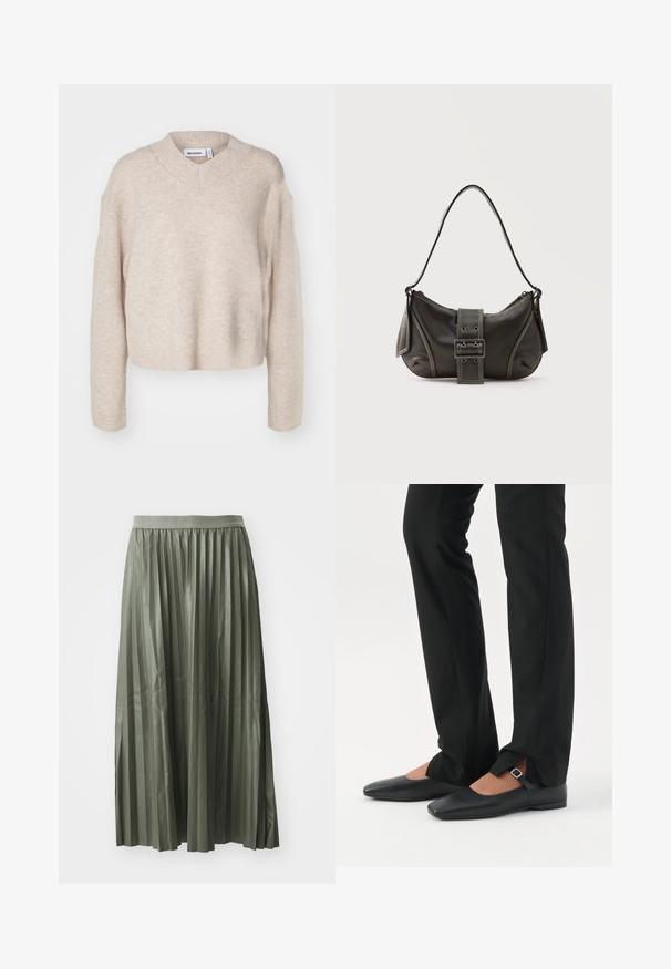 Weekday REESE V NECK - Džemper - light mole; Pleated midi seelik hallikas roheline, valmistatud läikivast kangast. Omab elastset vööd ja ulatub keskmise sääreni, ühtlaste vertikaalsete voldikutega.; Jalad, mis kannavad mustaid kitsaid pükse esiosal lõhikutega allääres, kombineeritud mustade lameda tallaga Mary Jane kingadega, millel on väike pandlakinnitusega rihm.; Mustast nahast õlakott pandlanööriga detailiga, kõverate servade ja kontrastse valge õmblusega tavalise tausta peal.