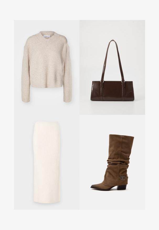 Weekday REESE V NECK - Džemper - light mole; Knee-length kreemikirjas kootud seelik, millel on soonikkoes pind, sobituv disain ning mugavust tagav elastne vöökoht.; Pruun mõnusalt vabama vilduva sääremütsiga poolpikk saabas terava varba, madala plokksanga ja dekoratiivse pandlaga rihmaga pahkluu lähedal, valgel taustal.; Pruun läikiv naha käekott, millel on ristkülikuline kuju, kaks pikka käepidet ja esipaneelil peened kõverad aktsendid.