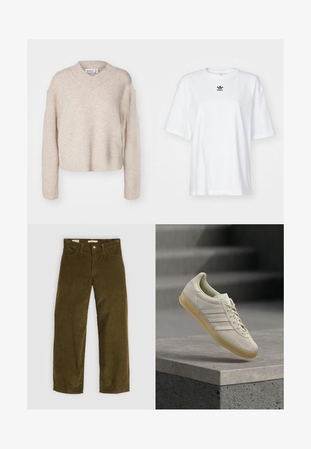 Weekday REESE V NECK - Svetrík - light mole; Biele tričko s krátkym rukávom vyrobené z bavlny. Má okrúhly výstrih a malé čierne logo Adidas na hrudi. Priamy strih spodného lemu.; Olivové kordové nohavice s rovnými nohavicami, s prednými vreckami a gombíkovým zapínaním, s vertikálnou ryhovanou textúrou.; Béžová semišová teniska Adidas s gumovou podrážkou a tromi pruhmi, umiestnená nad betónovým okrajom s rozmazanými schodmi v pozadí.