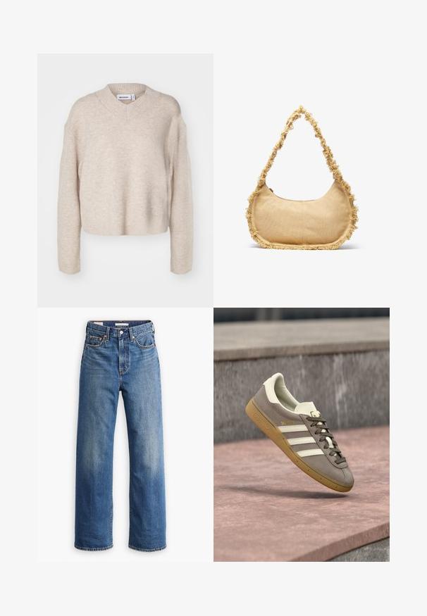 Weekday REESE V NECK - Jersey de punto - light mole; Vaqueros de mezclilla azul claro con cintura alta, diseño de pierna ancha, estilo clásico de cinco bolsillos y un sutil desgaste en la tela.; Zapatilla Adidas de ante marrón claro con rayas blancas y suela de goma, suspendida sobre escaleras de piedra rosa al aire libre.; Bolso beige texturizado con forma redondeada, con un borde deshilachado a lo largo de los lados y una correa corta para llevar. Apertura con cremallera en la parte superior.