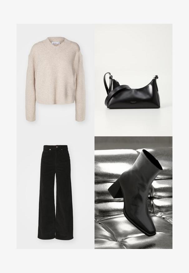 Weekday REESE V NECK - Jersey de punto - light mole; Pantalones de pana negros de pierna ancha con una cintura alta, que cuentan con dos bolsillos frontales y un cierre de botón metálico. Tejido texturizado con estrías verticales.; Botín negro de tobillo hecho de material brillante, con punta cuadrada y tacón cónico, contra un fondo plateado brillante con almohadillado.; Bolso de mano de cuero negro con una textura suave. Cuenta con una correa ajustable y un diseño elegante y minimalista con cierre de cremallera.