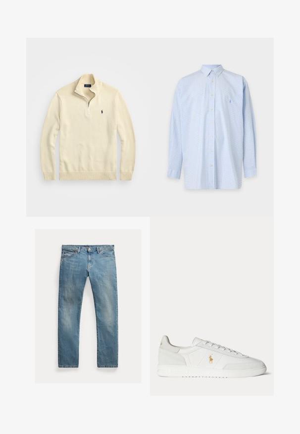 Creme kleurige blazer met ritssluiting, gemaakt van gebreide stof, met een geribde kraag en zoom, en een klein geborduurd logo in donkerblauw op de borst.; Lichtblauw overhemd met lange mouwen, een klein geruit patroon en een puntige kraag op een effen achtergrond.; Lichtblauwe denim jeans met een rechte pasvorm, knoopsluiting, vijf zakken, subtiele vervaging en stikselaccenten.; Witte lage sneaker met vetersluiting, gouden Polo Ralph Lauren-logo aan de zijkant en een gestructureerde zool op een effen achtergrond.
