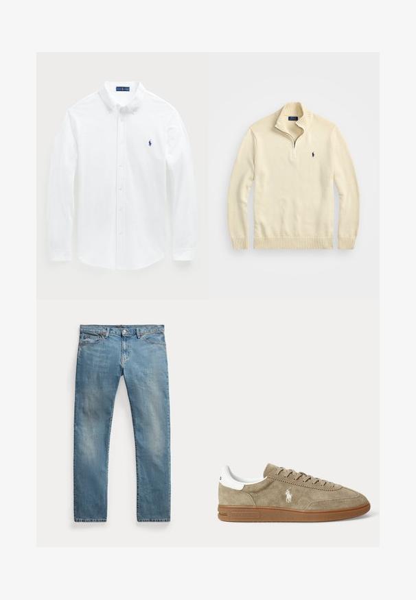 Creme kleurige blazer met ritssluiting, gemaakt van gebreide stof, met een geribde kraag en zoom, en een klein geborduurd logo in donkerblauw op de borst.; Witte langetermijn shirt van katoen, met een button-down kraag en een klein blauw polo logo op de borst. Soepele textuur, klassieke pasvorm.; Lichtblauwe straight-leg spijkerbroek met voorkantzakken, riemlussen, knoopsluiting en licht vervaagde details.; Beige suède lage sneaker met bruine zool, witte hiel-detail, veters en een wit geborduurd polo-speler logo aan de zijkant.