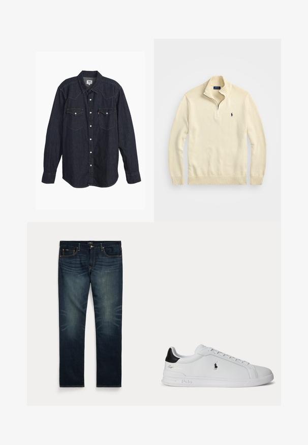 Cremefarvet zip-up sweater lavet af strikket stof, med en ribbet krave og kant, samt et lille broderet logo i mørkeblå på brystet.; Mørk denim langærmet skjorte med spids krave, to brystlommer, hvide knapper og kontrastfarvet gul syning. Glat, holdbart stof.; Mørkeblå denimjeans med subtil falming på forreste lår og orange syninger, med knap- og lynlåslukning samt fem lommer.; Hvid lavtop sneaker med sort hælfane, snørebånd og Polo Ralph Lauren-logo på siden, med præget såldetaljer.