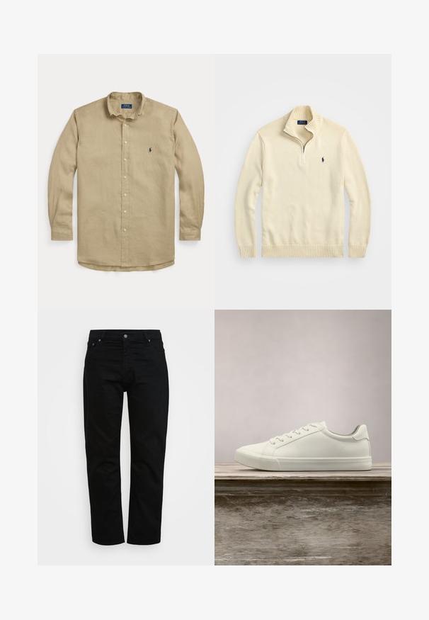 Cremefarvet zip-up sweater lavet af strikket stof, med en ribbet krave og kant, samt et lille broderet logo i mørkeblå på brystet.; Beige langærmet skjorte med knapper, krave, forreste knapper og lille mørkeblå broderet logo på venstre bryst.; Sorte jeans lavet af bomuld, med klassisk snit, fem-lomme design og metalknaplukning. Glat tekstur med lige ben.; Hvide snørresneakers svævende over en træbænk med grønne planter i baggrunden, der fremhæver skodesign og tekstur.