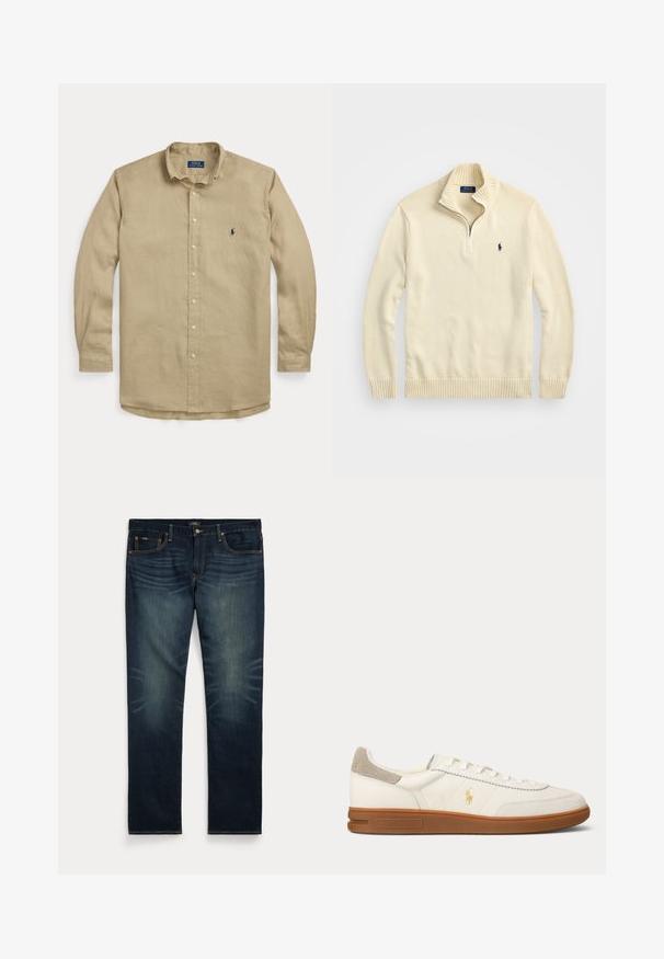 Cremfarbener Reißverschluss-Pullover aus Strickstoff, mit einem gerippten Kragen und Saum sowie einem kleinen, dunkelblauen, gestickten Logo auf der Brust.; Beige langärmliges Hemd zum Knöpfen mit Kragen, vorderen Knöpfen und kleinem dunkelblau besticktem Logo auf der linken Brust.; Dunkelblaue Jeans aus Denim mit dezentem Verblassen an den vorderen Oberschenkeln und orangefarbenen Nähten, mit Knopf- und Reißverschluss sowie fünf Taschen.; Weißer Leder-Low-Top-Sneaker mit brauner Gummisohle, beigem Wildleder-Absatzfleck und kleinem goldenen Polo-Logo an der Seite.