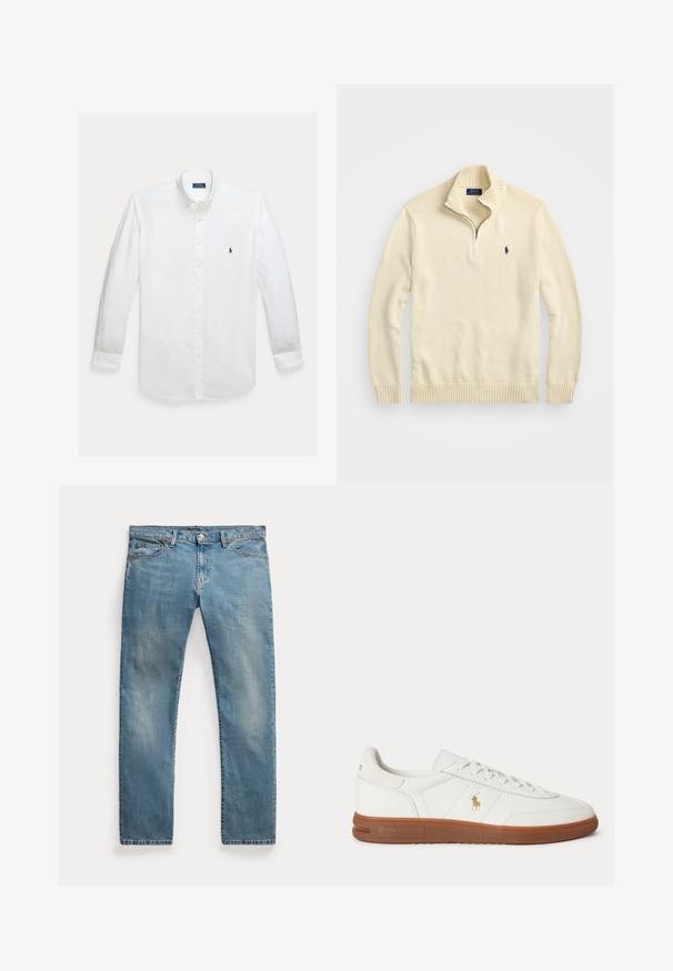 Creme kleurige blazer met ritssluiting, gemaakt van gebreide stof, met een geribde kraag en zoom, en een klein geborduurd logo in donkerblauw op de borst.; Witte blouse met lange mouwen, knoopsluiting, kraag en klein marineblauw Polo Ralph Lauren-logo geborduurd op de borst.; Lichtblauwe straight-leg spijkerbroek met voorkantzakken, riemlussen, knoopsluiting en licht vervaagde details.; Witte lage sneaker met bruine zool, veters aan de voorkant en klein gouden Polo Ralph Lauren-logo aan de zijkant.