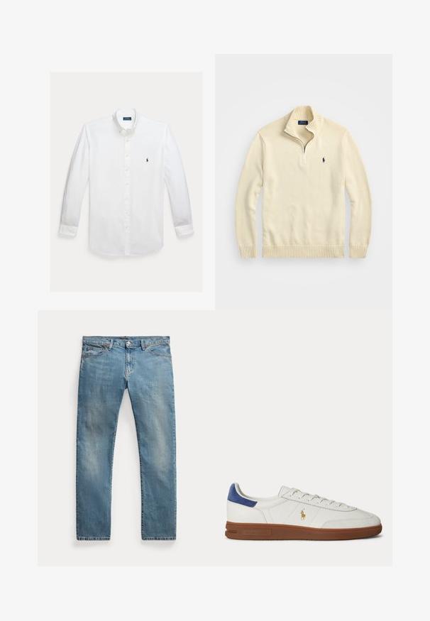 Cremefarvet zip-up sweater lavet af strikket stof, med en ribbet krave og kant, samt et lille broderet logo i mørkeblå på brystet.; Hvid skjorte med lange ærmer, knapper foran, krave og lille mørkeblå Polo Ralph Lauren logo broderet på brystet.; Lyseblå straight-leg denim jeans med forlommer, bæltestropper, knaplukning og let falmede detaljer.; Hvid lavtop sneaker med brun sål, blå hælkappe, snørebånd og gyldent Polo Ralph Lauren logo på siden.