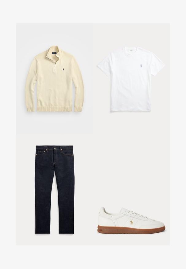 Cremefarvet zip-up sweater lavet af strikket stof, med en ribbet krave og kant, samt et lille broderet logo i mørkeblå på brystet.; Hvid T-shirt med korte ærmer og rund hals med lille navyblåt broderet polo-spiller logo på venstre bryst.; Mørkeblå denimjeans med fem lommer, knap- og lynlås-lukning og synlige gyldne syninger, vist fladt på en lys baggrund.; Hvid lavt sneaker med brun sål, snørebånd foran og lille guld Polo Ralph Lauren-logo på siden.