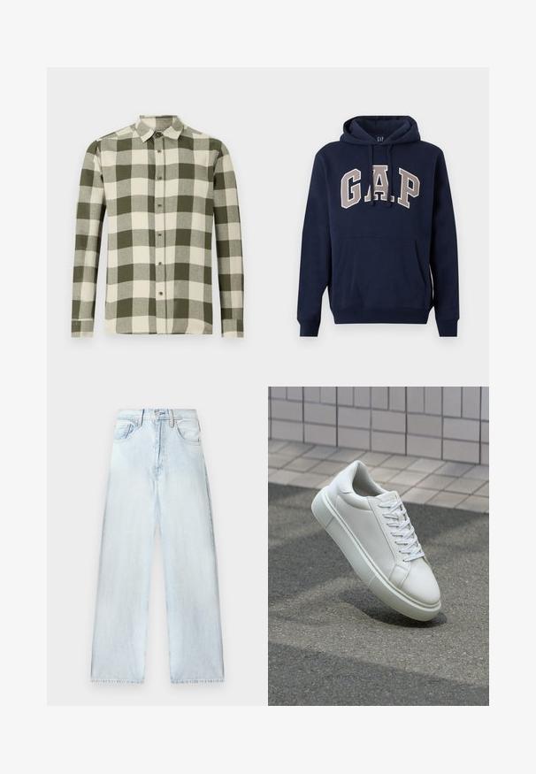 Marineblauwe hoodie met voorzak en capuchon met trekkoord, voorzien van grote beige letters "GAP" op de borst.; Lange mouwen shirt in een groen en crème checkpatroon, gemaakt van lichte stof, met een button-down kraag en knopen aan de voorkant.; Lichtblauwe spijkerbroek met een losse pasvorm, hoge taille, vijf-pocketontwerp en rechte pijpen. Vervaagde textuur met zichtbare stikdetails.; Witte leren sneaker met een glad oppervlak, ronde neus en platte witte veters. Voorzien van een gestructureerde rubberen zool en minimale ontwerpelementen.