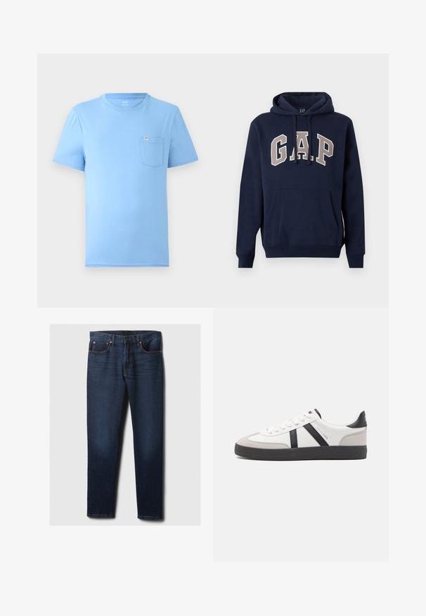Navyblå hættetrøje med forlommer og snøre i hætten, med store beige "GAP" bogstaver på brystet.; Lyseblå kortærmet T-shirt lavet af blød bomuld. Har rund halsudskæring og en brystlomme med et mærketag. Glat tekstur.; Mørkeblå slim-fit denimjeans med let falmning på frontlår, kobbernitter og klassisk fem-lomme-stil, lagt fladt på hvid baggrund.; Hvide sneakers med sorte og grå detaljer, med en tekstureret grå tåhætte, sort gummisål og flade hvide snørebånd. Rent design, minimalistisk stil.