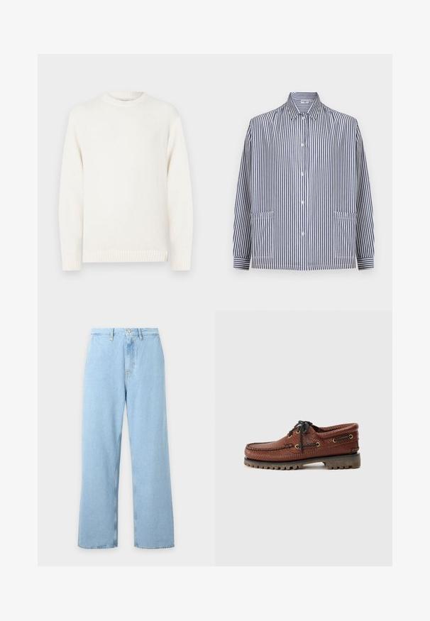 Hvid strikket sweater med rund hals, lange ærmer, ribstrikkede manchetter og kant, med en tekstureret overflade uden yderligere pynt.; Langærmet skjorte med knapper, blå og hvide lodrette striber, spids krave og to forlommer.; Lyseblå højtaljede jeans med vide ben, bæltestropper, foran knap og lynlås, vist på en ensfarvet lys baggrund.; Brune læder bådsko med struktureret overdel, sorte snørebånd og gyldne øjer. Har en holdbar, rillede gummisål.